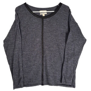 KENAR Extra Fine 100% Merino Wool Sweater XL Gray Black Faux Leather Trim EUC